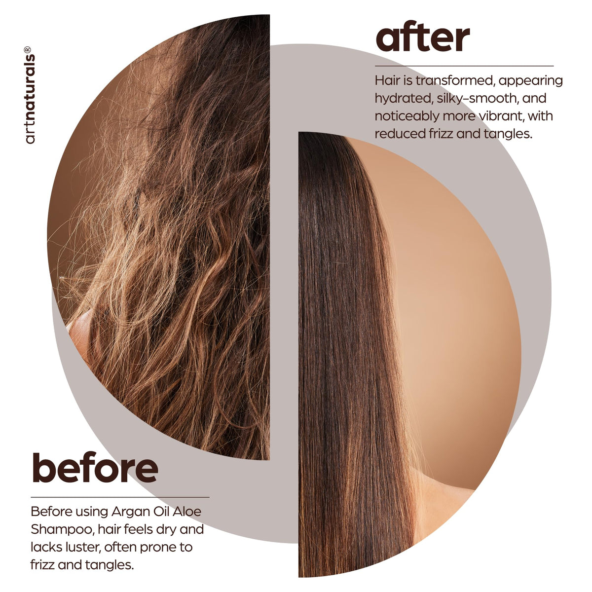Before and after hair comparison with Artnaturals shampoo showing improved volume and shine
