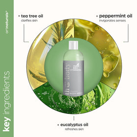 Artnaturals ingredient label close-up listing tea tree, peppermint, eucalyptus benefits