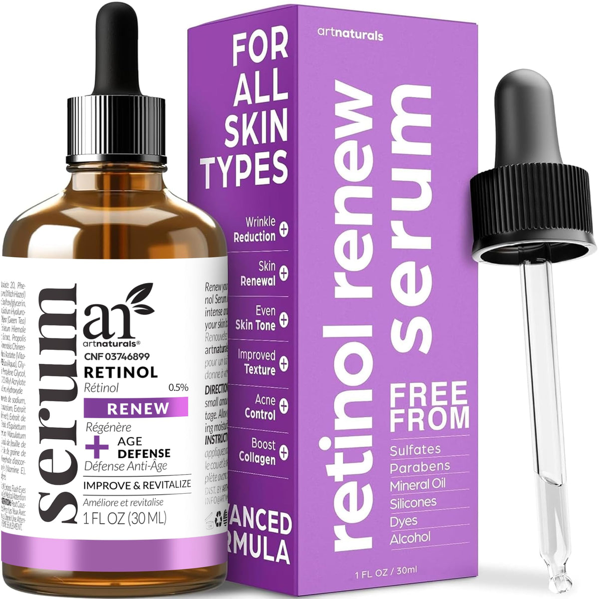 ArtNaturals bottle front view showing retinol serum for youthful-looking skin