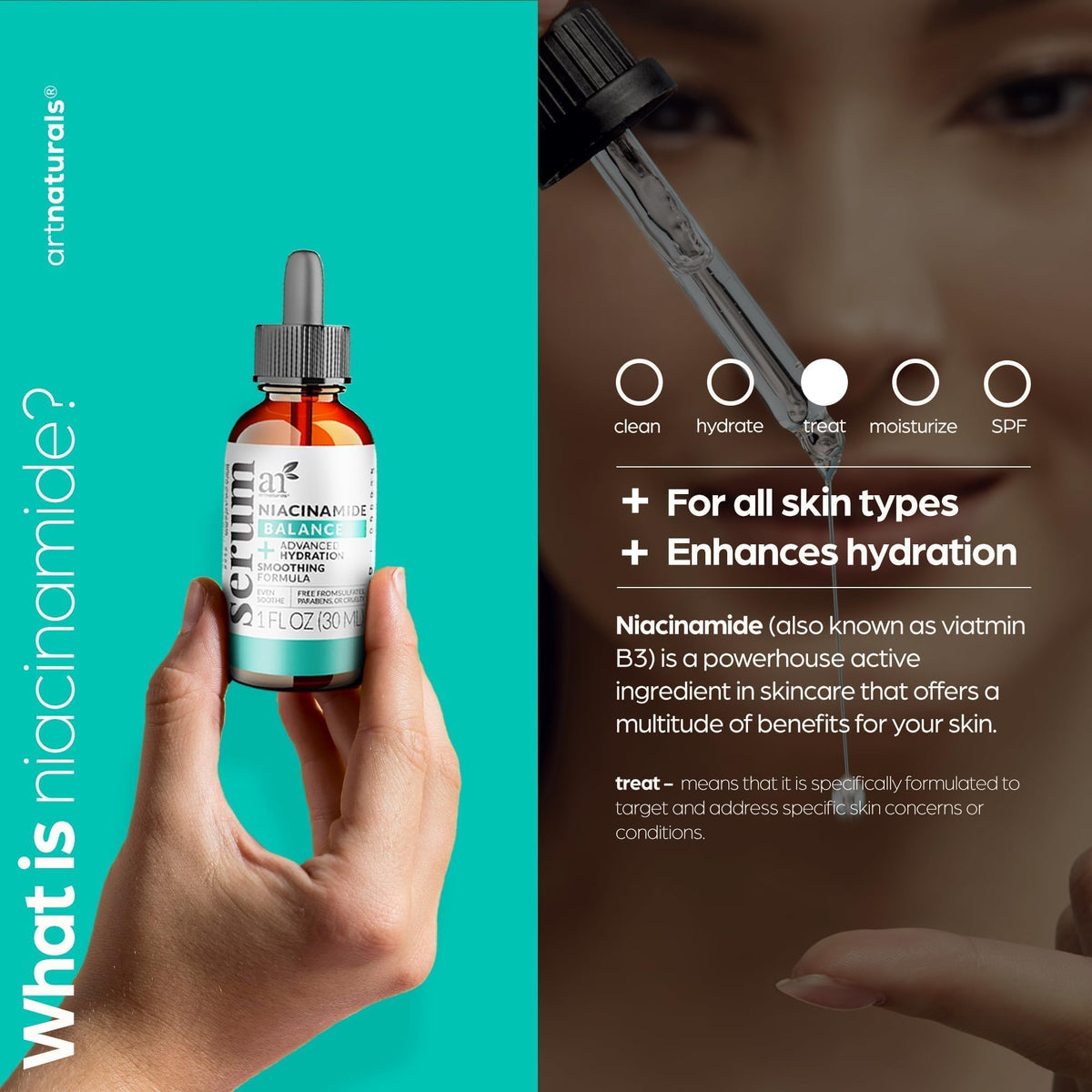 Artnaturals hand applying serum to skin illustrating easy layering and skin comfort