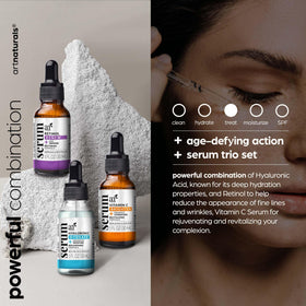 Artnaturals close-up of serum bottles and labels highlighting ingredient focus and clean formulation