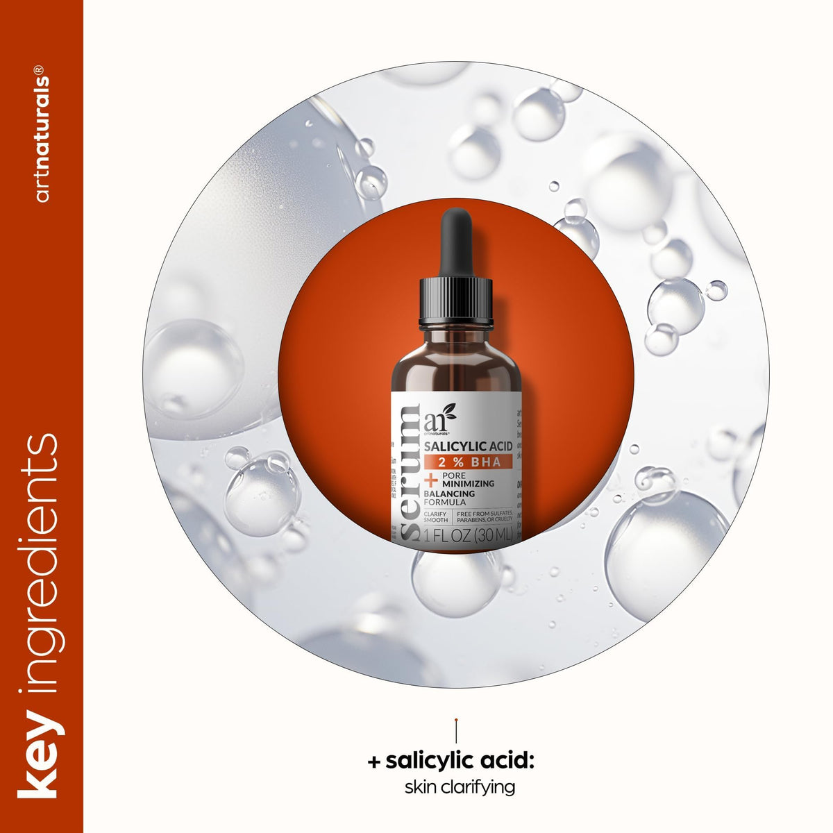 Artnaturals serum label close detail showing 2% BHA and clean-ingredient benefit