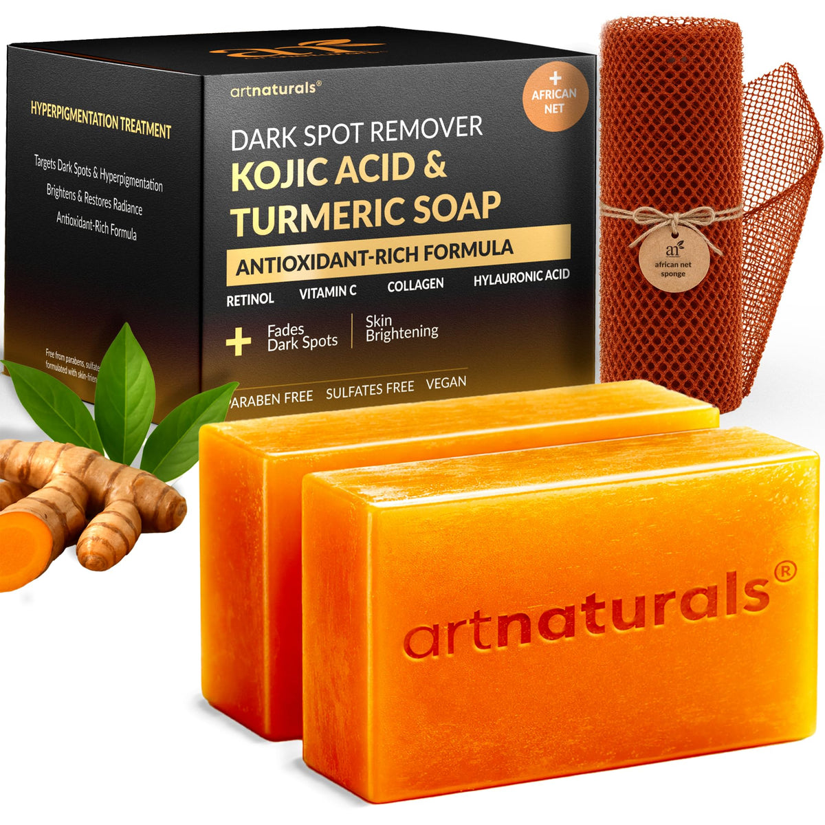 Artnaturals soap front packaging showing two bars and benefits