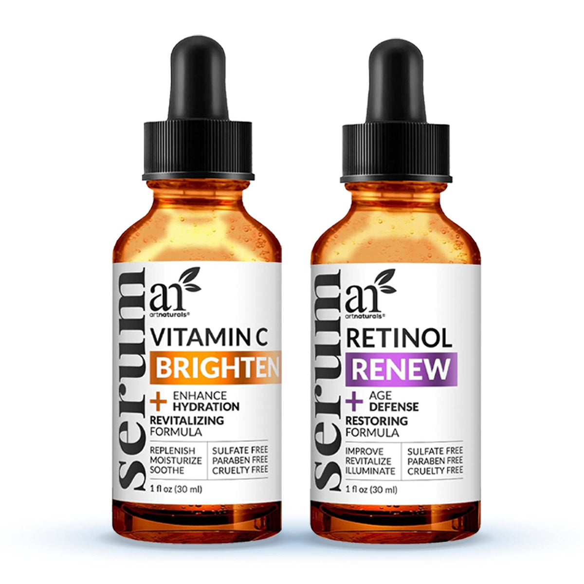 Artnaturals front packaging showing serum bottles and a clear benefit of brightening