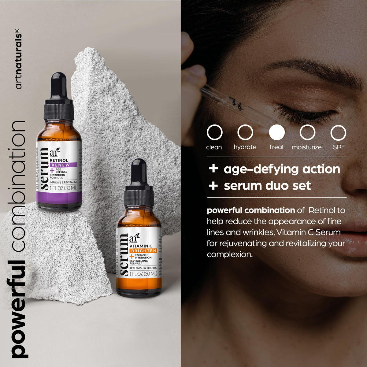 Artnaturals close-up of retinol label highlighting targeted renewal benefits