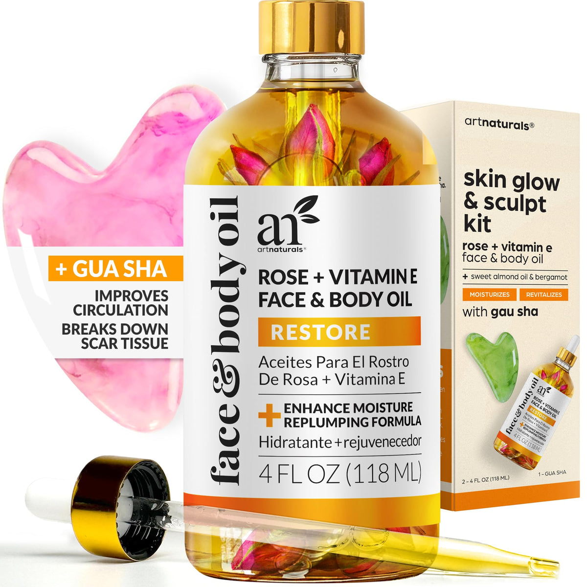 ArtNaturals front bottle view showing clear vitamin E oil and label for easy identification