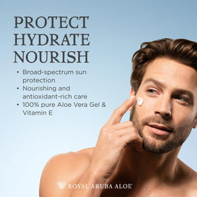 Aruba Aloe applied to face for lightweight protection and quick absorption
