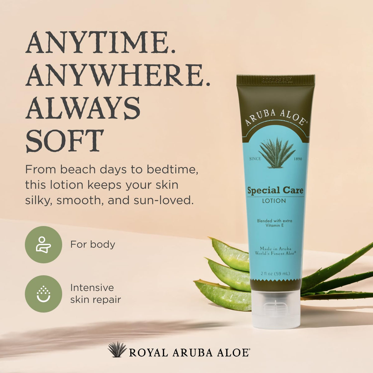 ARUBA ALOE ingredients label displaying aloe, jojoba, and vitamin E benefits