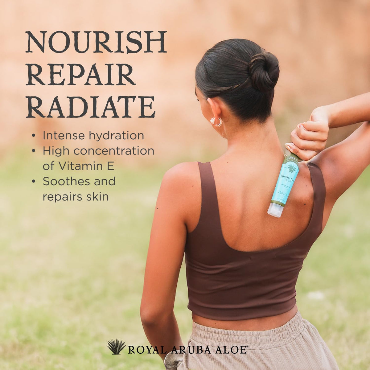 ARUBA ALOE lotion texture on palm showing lightweight absorbent finish