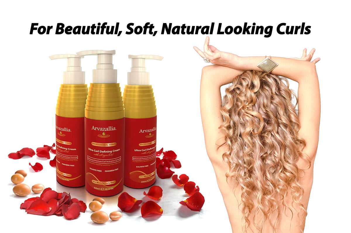 Before and after curls using Arvazallia showing enhanced definition and reduced frizz