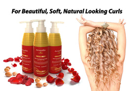 Before and after curls using Arvazallia showing enhanced definition and reduced frizz