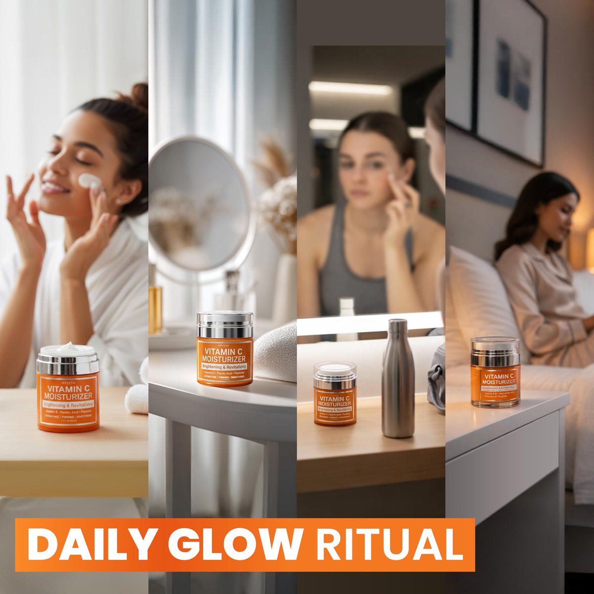 Arvesa lifestyle shot of woman applying cream to face for brighter, hydrated skin