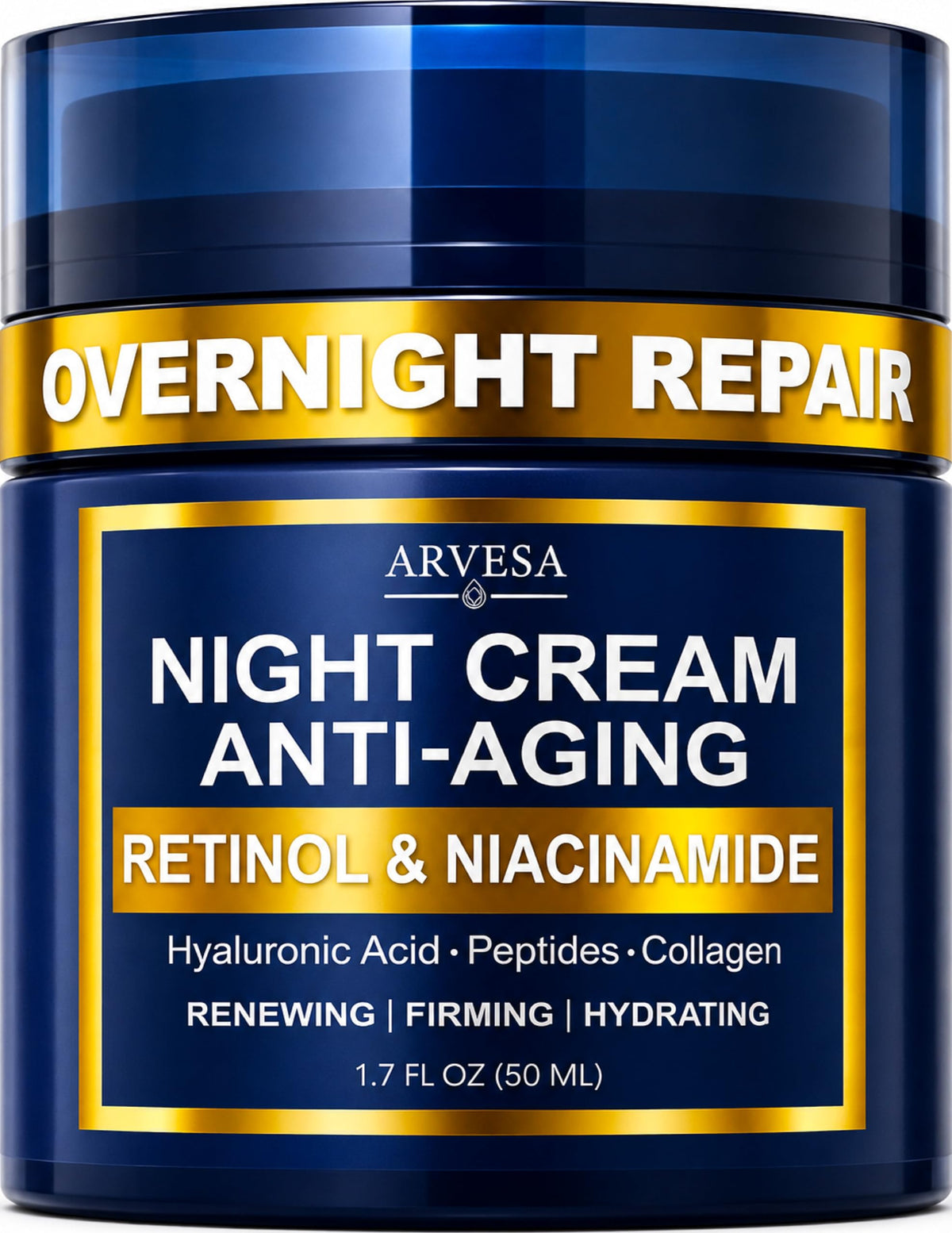 Arvesa night cream front jar showing sleek packaging and nightly hydration benefit