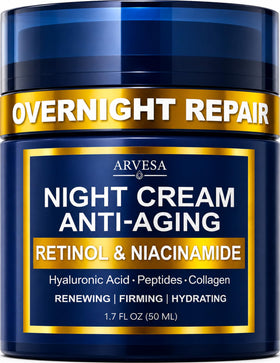 Arvesa night cream front jar showing sleek packaging and nightly hydration benefit