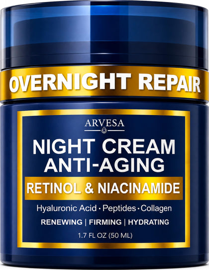 Arvesa night cream front jar showing sleek packaging and nightly hydration benefit