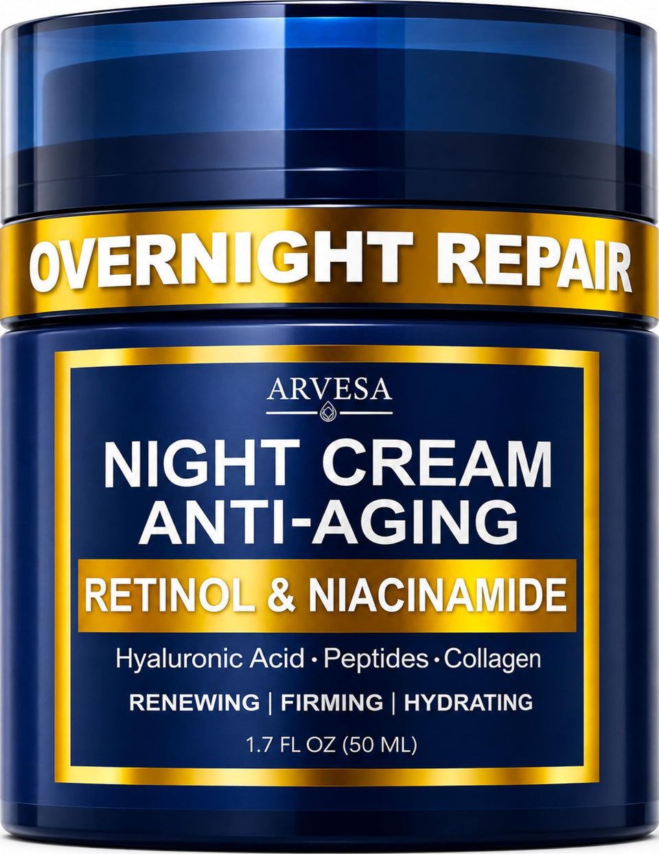 Arvesa night cream front jar showing sleek packaging and nightly hydration benefit