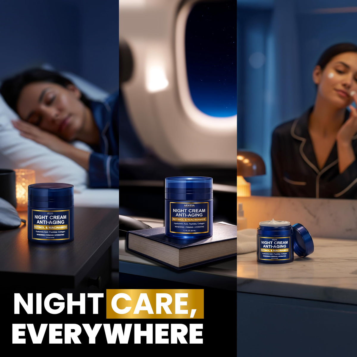 Arvesa night cream label and ingredients list highlighting key actives and fragrance-free formula