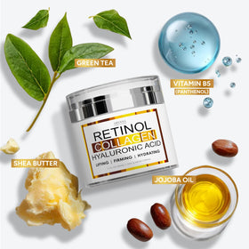 Arvesa ingredient label showing retinol collagen and hyaluronic acid benefits