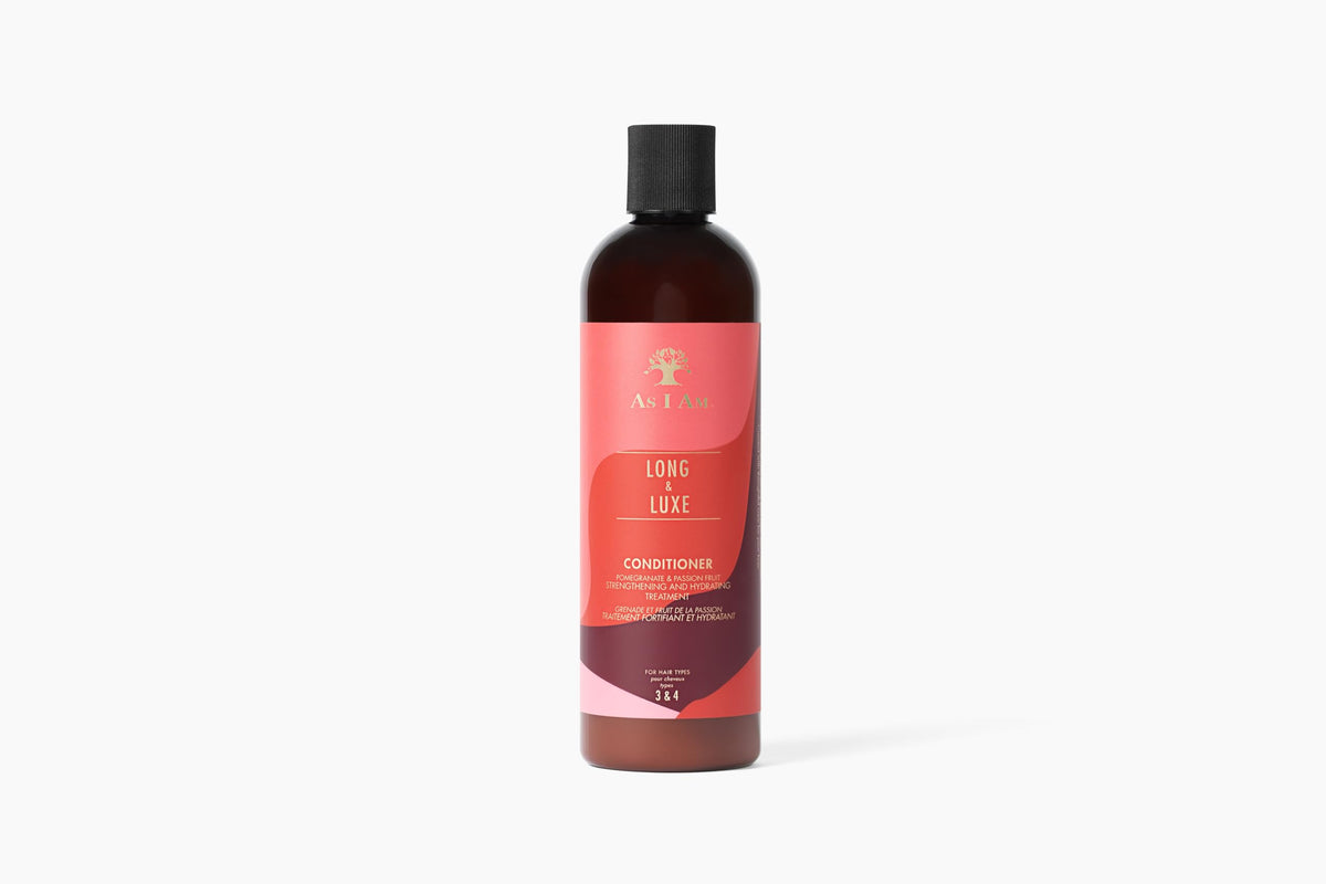 As I Am Long & Luxe front bottle showing label and size for easy identification
