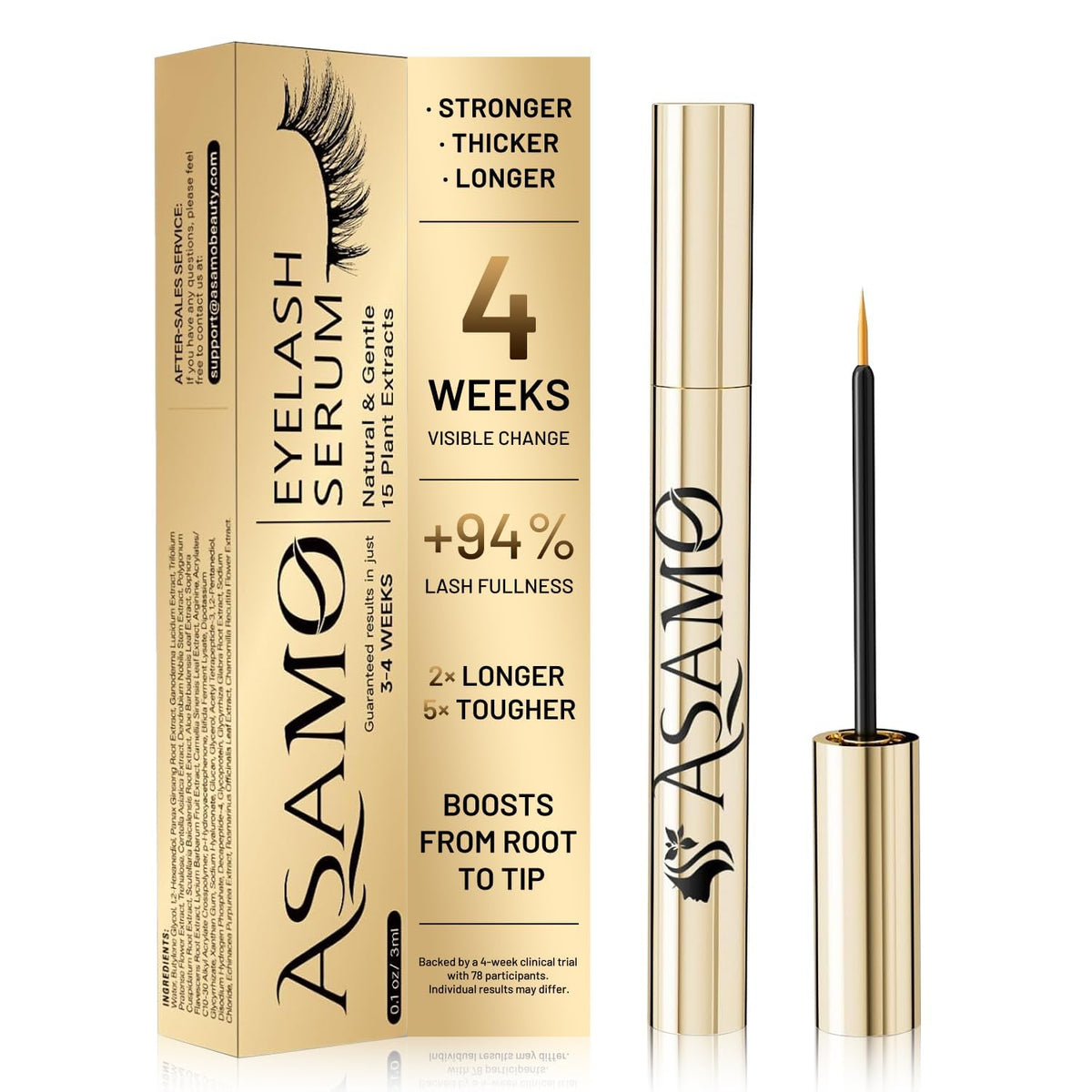 ASAMO front packaging showing elegant golden bottle and label, communicates luxury and clarity