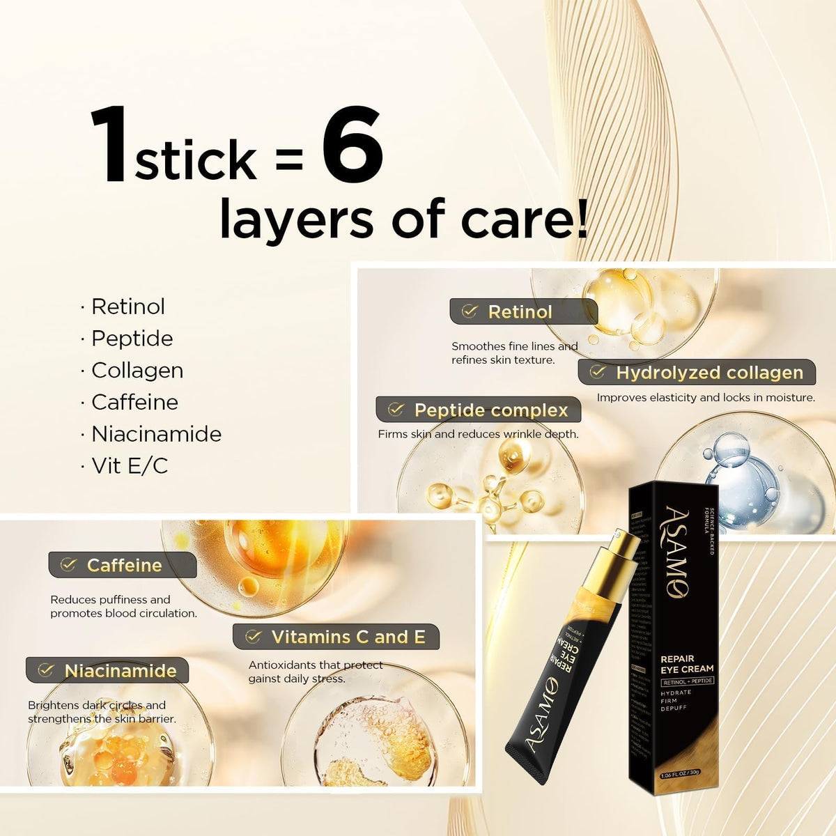ASAMO application demo patting cream under eye, reduces puffiness