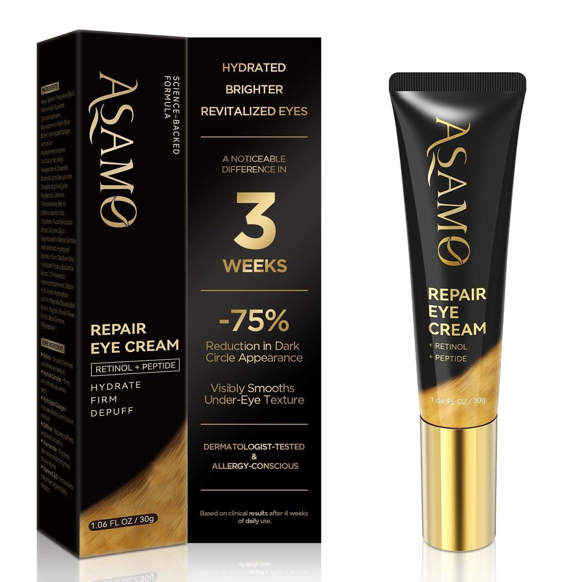 ASAMO front packaging showing tube and box, highlights product benefit
