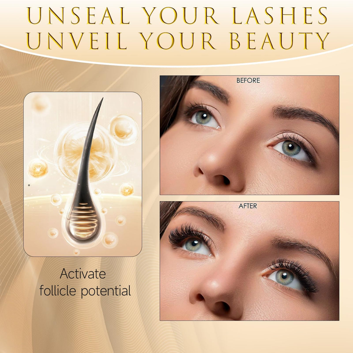 ASAMO close-up of applicator wand applying serum to lash line, demonstrates easy precise use