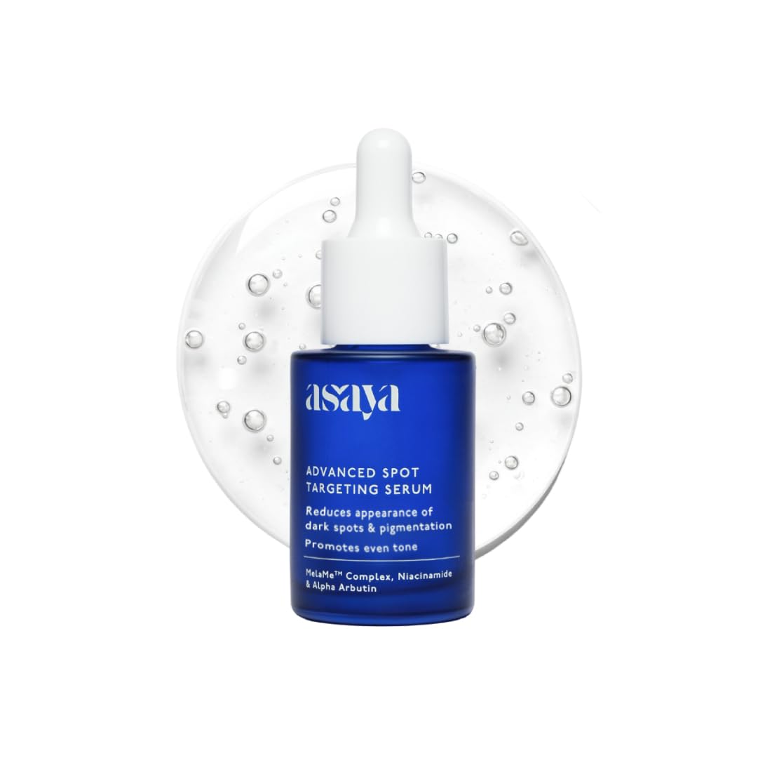 Asaya front packaging showing blue serum bottle and clear branding for brightening benefits