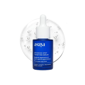 Asaya front packaging showing blue serum bottle and clear branding for brightening benefits