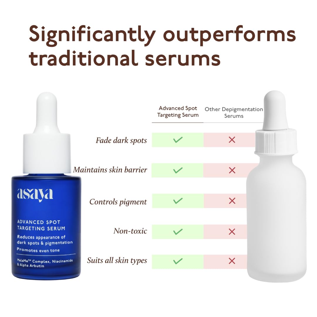 Close-up of Asaya ingredient label highlighting MelaMe, niacinamide and alpha arbutin