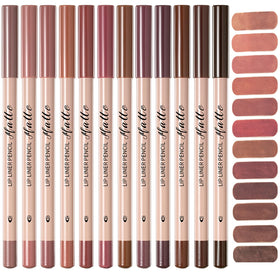 Aseawave flatlay of 12 brown-tone lip liners showing shade range and value