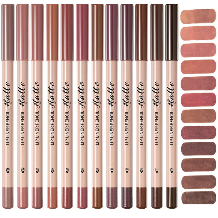 Aseawave flatlay of 12 brown-tone lip liners showing shade range and value