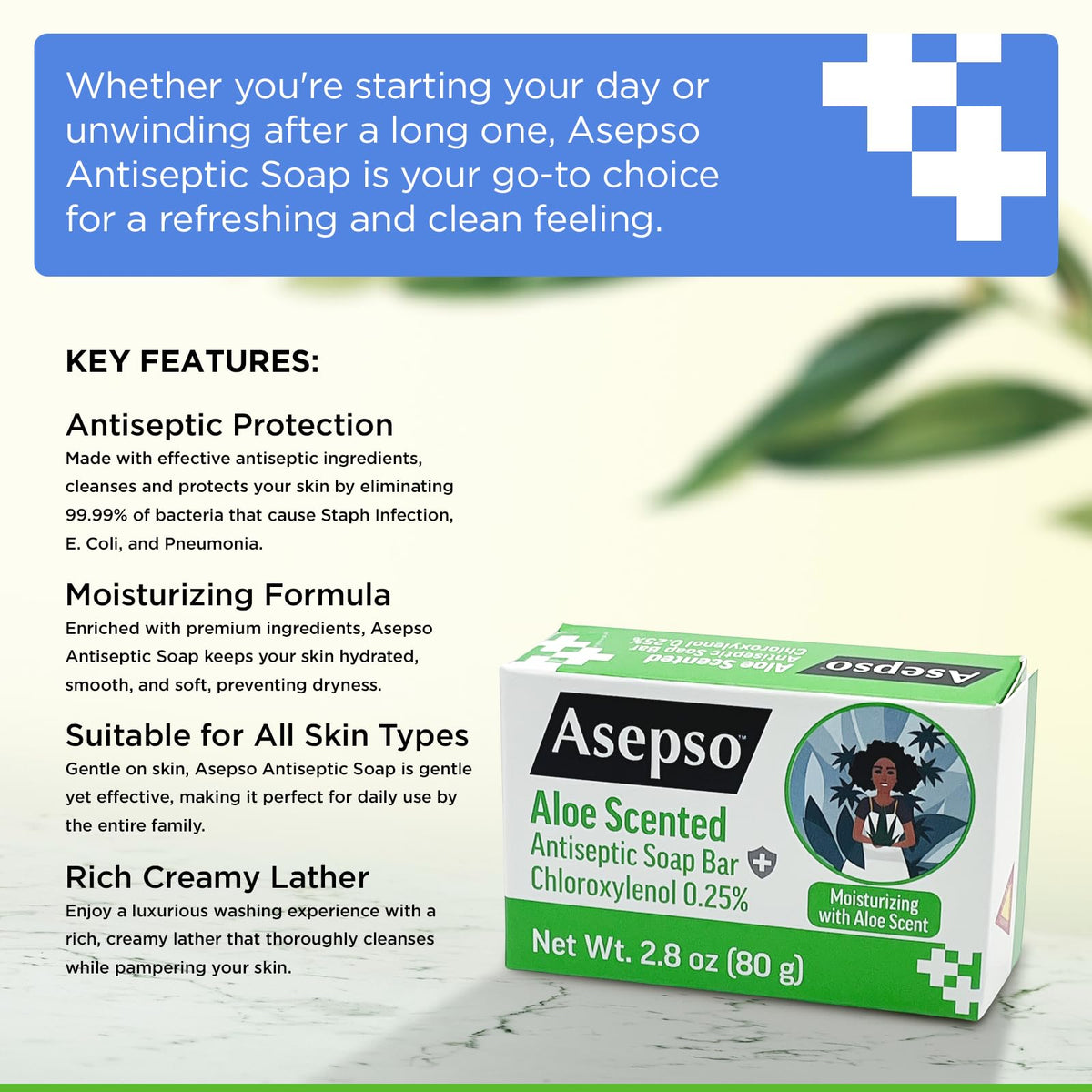 Asepso single bar close-up with foam demonstrating gentle cleansing