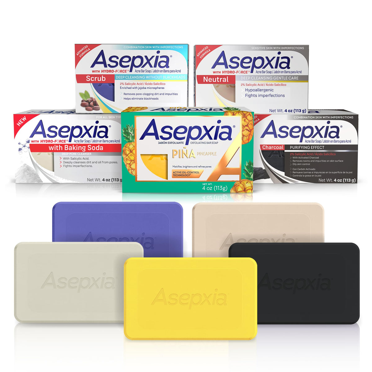 Asepxia front pack five facial bars showing complete acne care set and convenience