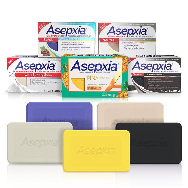 Asepxia front pack five facial bars showing complete acne care set and convenience