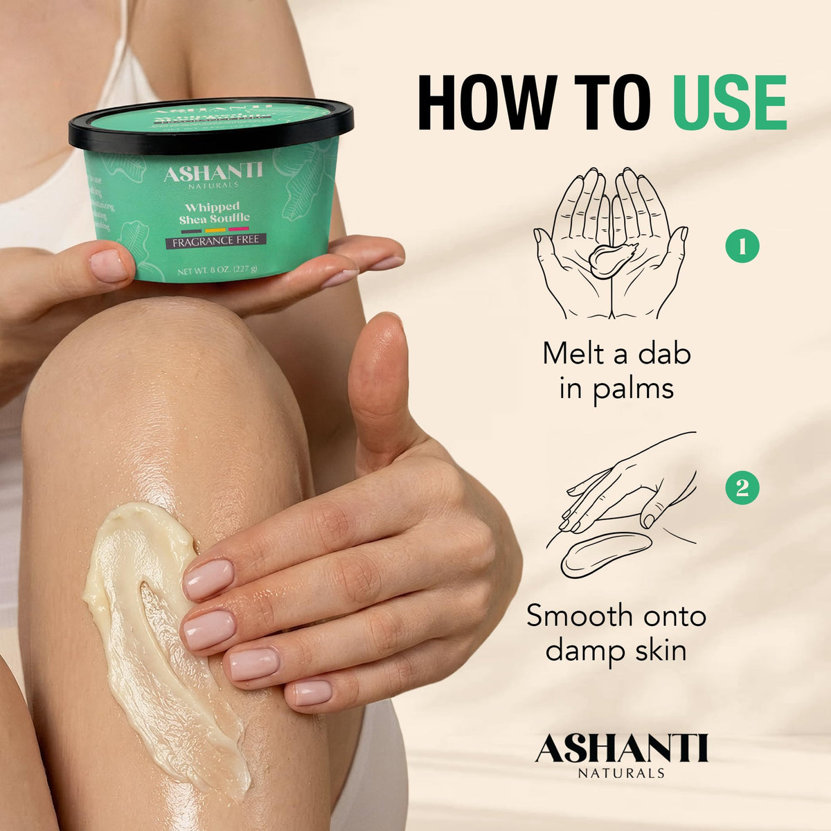 Ashanti Naturals spread on forearm showing fast hydration and softening benefit