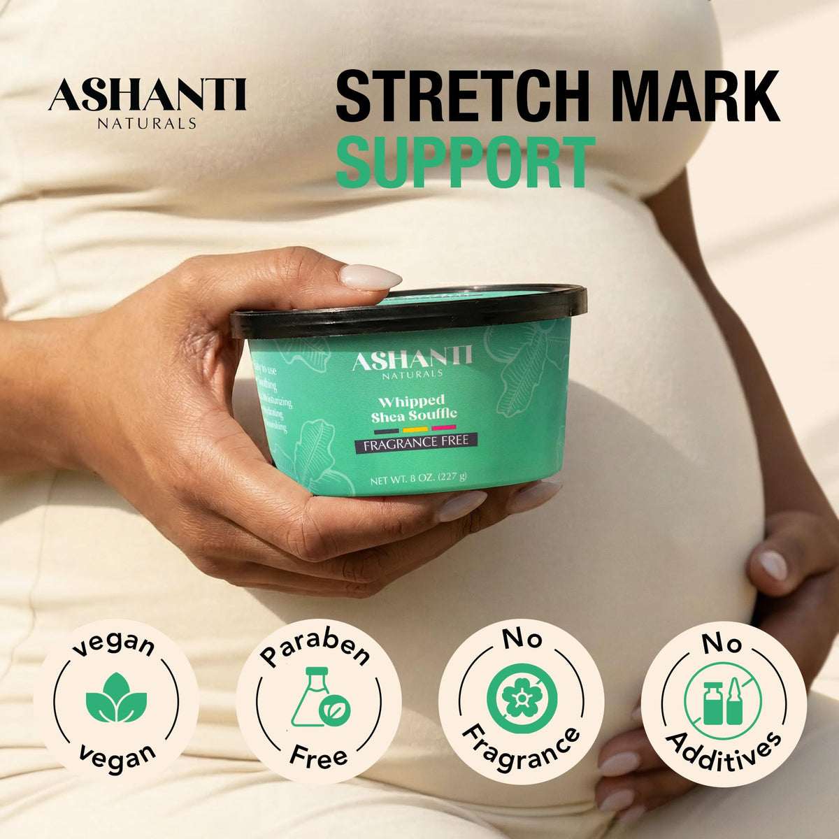 Ashanti Naturals jar on bathroom shelf conveying daily ritual convenience benefit