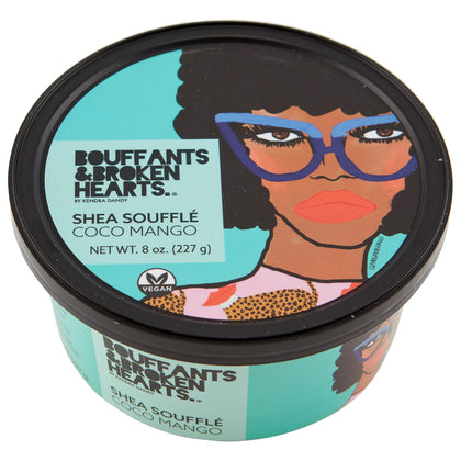 Ashanti Naturals jar front view showing Coco Mango Souffle and artistic label benefits
