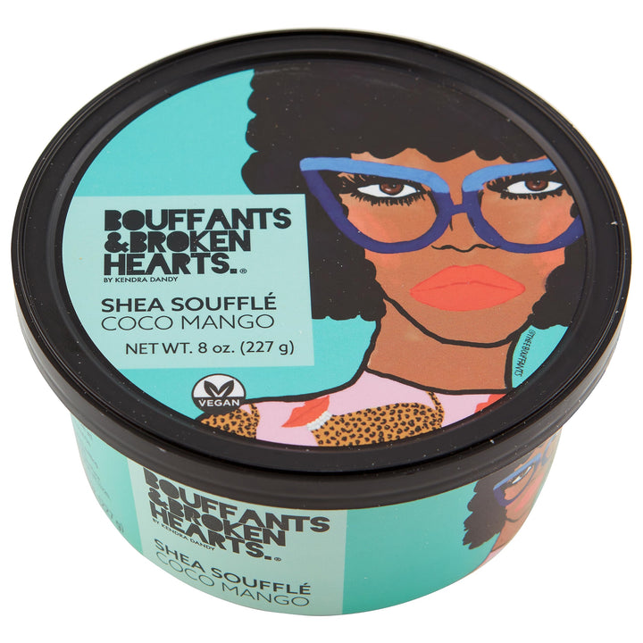Ashanti Naturals jar front view showing Coco Mango Souffle and artistic label benefits