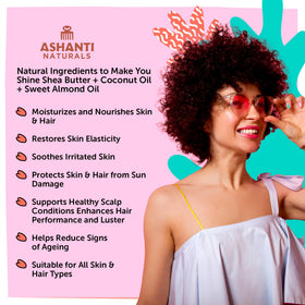 Ashanti Naturals ingredient cluster with shea coconut almond showing natural sourcing benefit