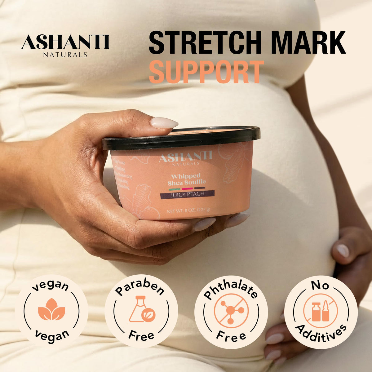 ashanti naturals ingredients display with coconut and almond oil highlights