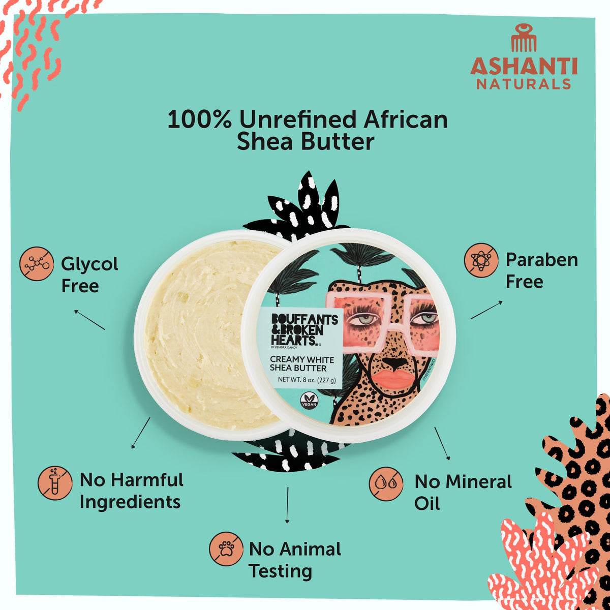 Ashanti Naturals open jar closeup showing creamy white shea texture and rich moisturization benefit