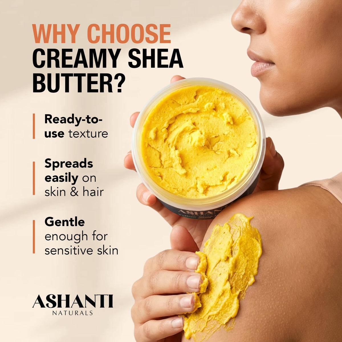 Ashanti Naturals open jar showing creamy yellow texture for easy spreading benefit