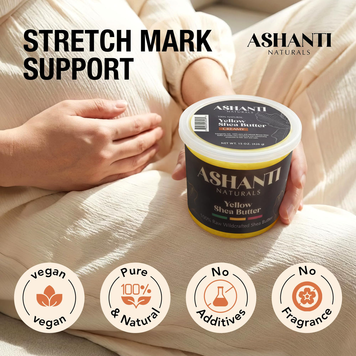 Rubbing Ashanti Naturals shea butter onto forearm to soften dry skin benefit