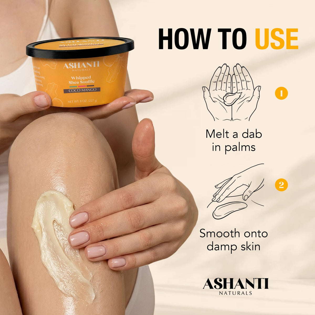 Ashanti Naturals woman applying to arm for smooth, non-greasy hydration