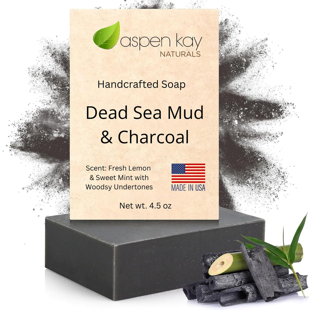 Aspen Kay Naturals front packaging showing vegan Dead Sea mud soap benefits