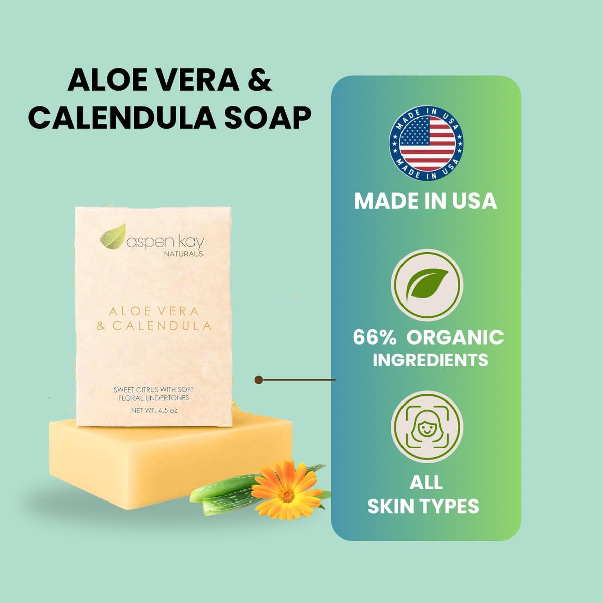 Aspen Kay Naturals soap side profile highlighting turmeric color and texture