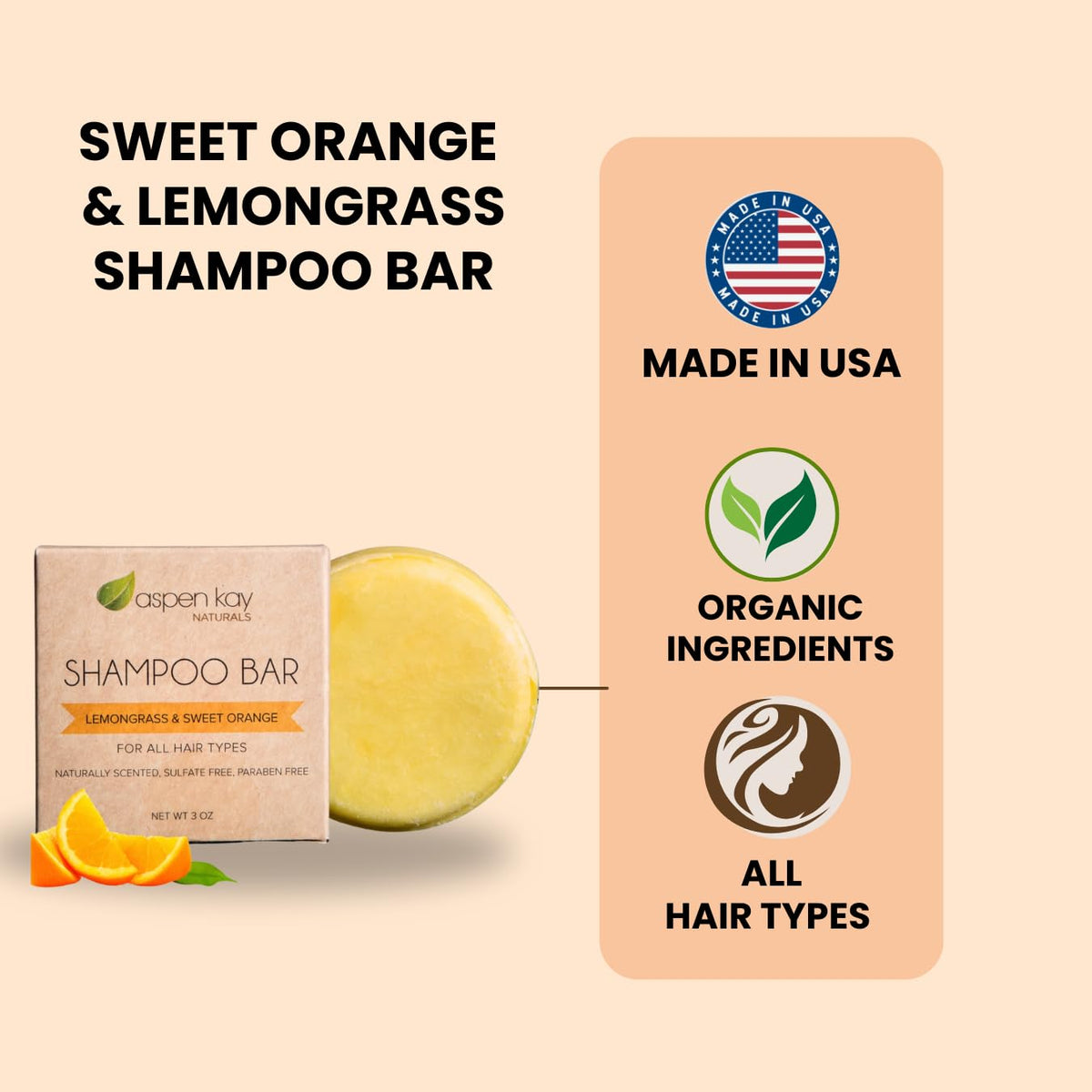Aspen Kay Naturals side profile of the 3 oz shampoo bar illustrating compact size