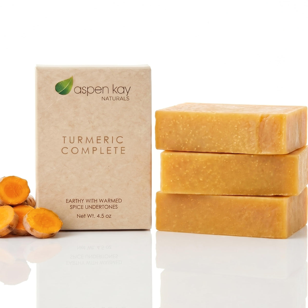 Aspen Kay Naturals front packaging showing organic turmeric soap benefits