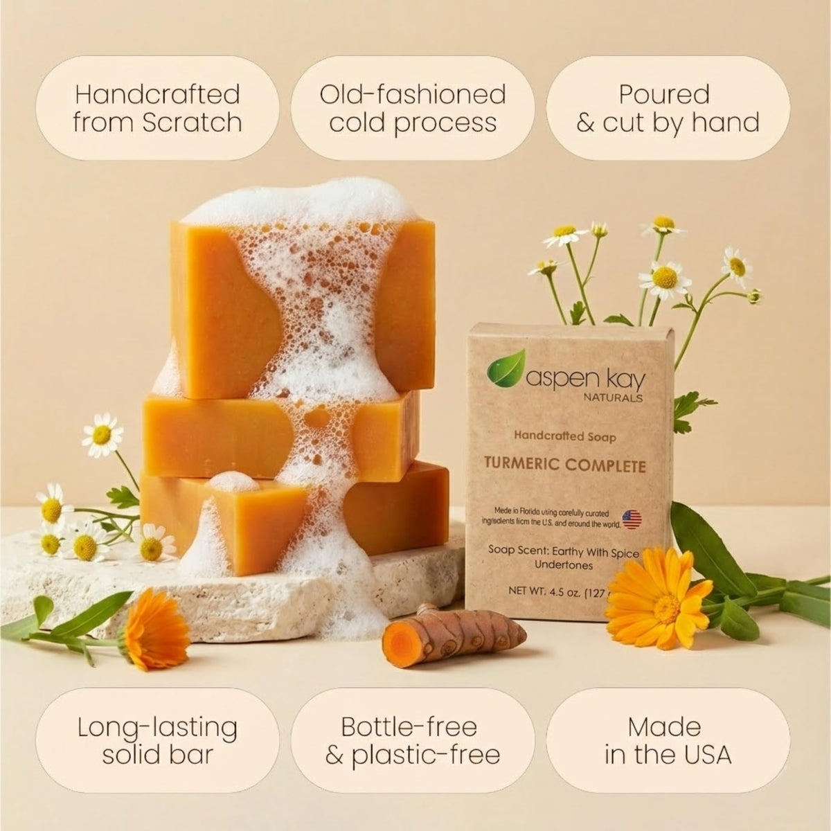 Close-up on Aspen Kay soap texture revealing turmeric specks and creamy feel